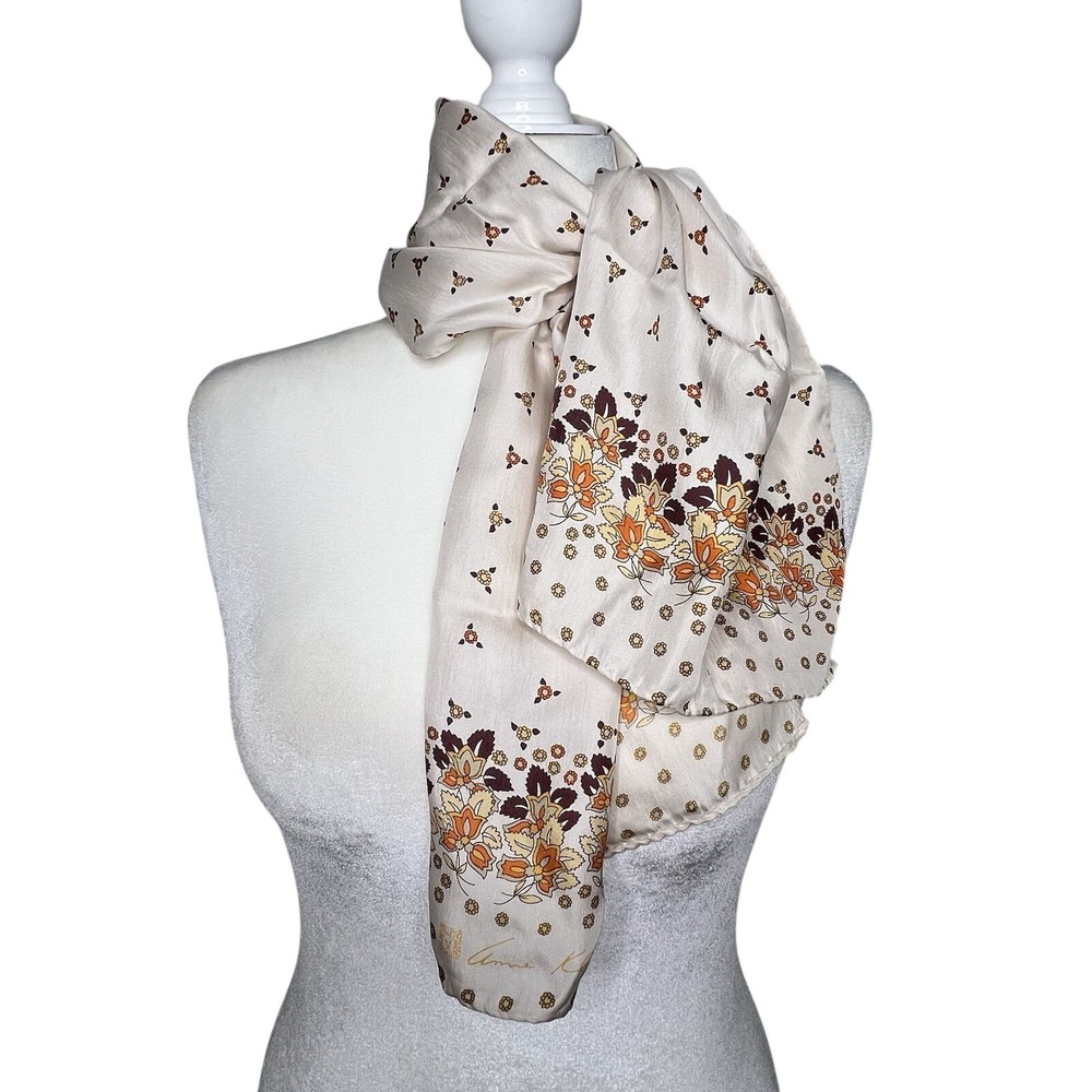 Anne Klein Vtg Silk Scarf 42" X 13" Rectangular Beige Floral Ditsy Foliage